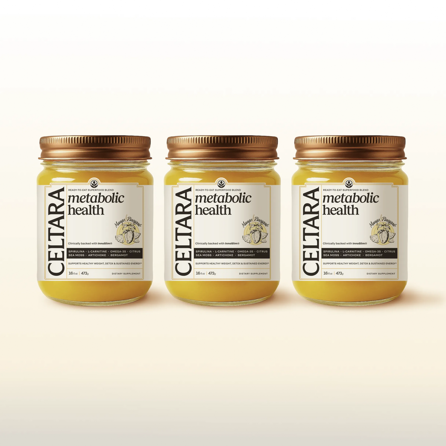 Three jars of CELTARA Metabolic Health Blend supplement for metabolism support