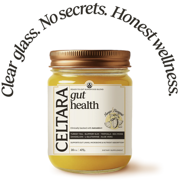 Jar of Celtara mango pineapple gut health supplement on a transparent background with curved “Cleanse Nourish Replenish” text.
