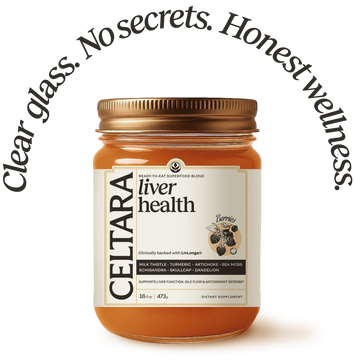 Jar of Celtara liver health supplement on a transparent background with curved “Cleanse Nourish Replenish” text.