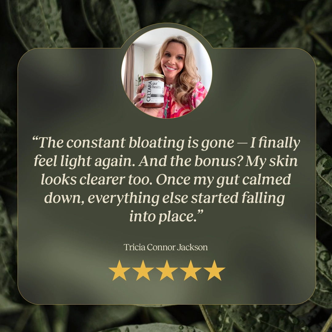 Five-star customer review graphic about CELTARA Gut Health Blend and bloating