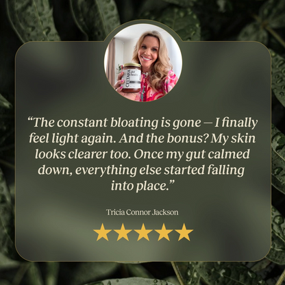 Five-star customer review graphic about CELTARA Gut Health Blend and bloating