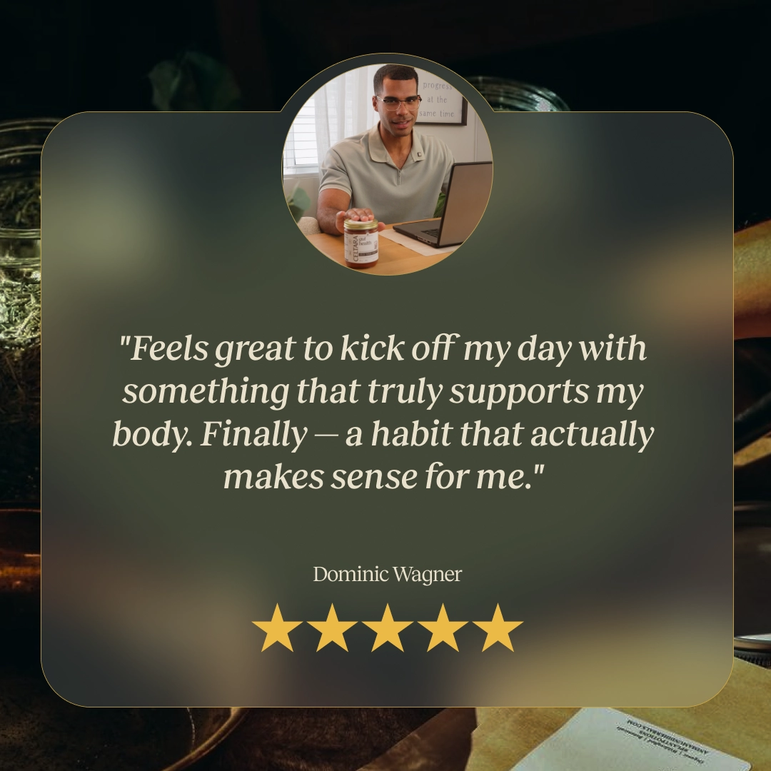 Customer testimonial graphic for CELTARA Gut Health Blend daily wellness support
