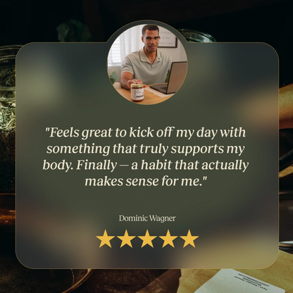 Customer testimonial graphic for CELTARA Gut Health Blend daily wellness support