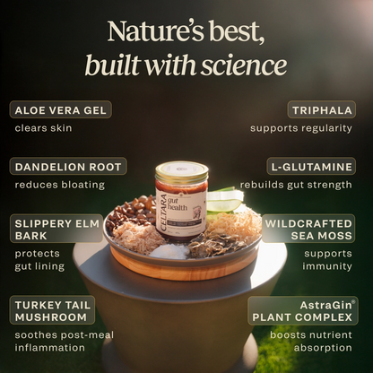 Gut Health Blend ingredients with aloe vera, triphala, slippery elm and sea moss