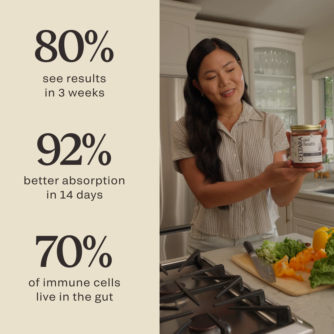 Woman holding CELTARA Gut Health Blend jar with digestive wellness statistics