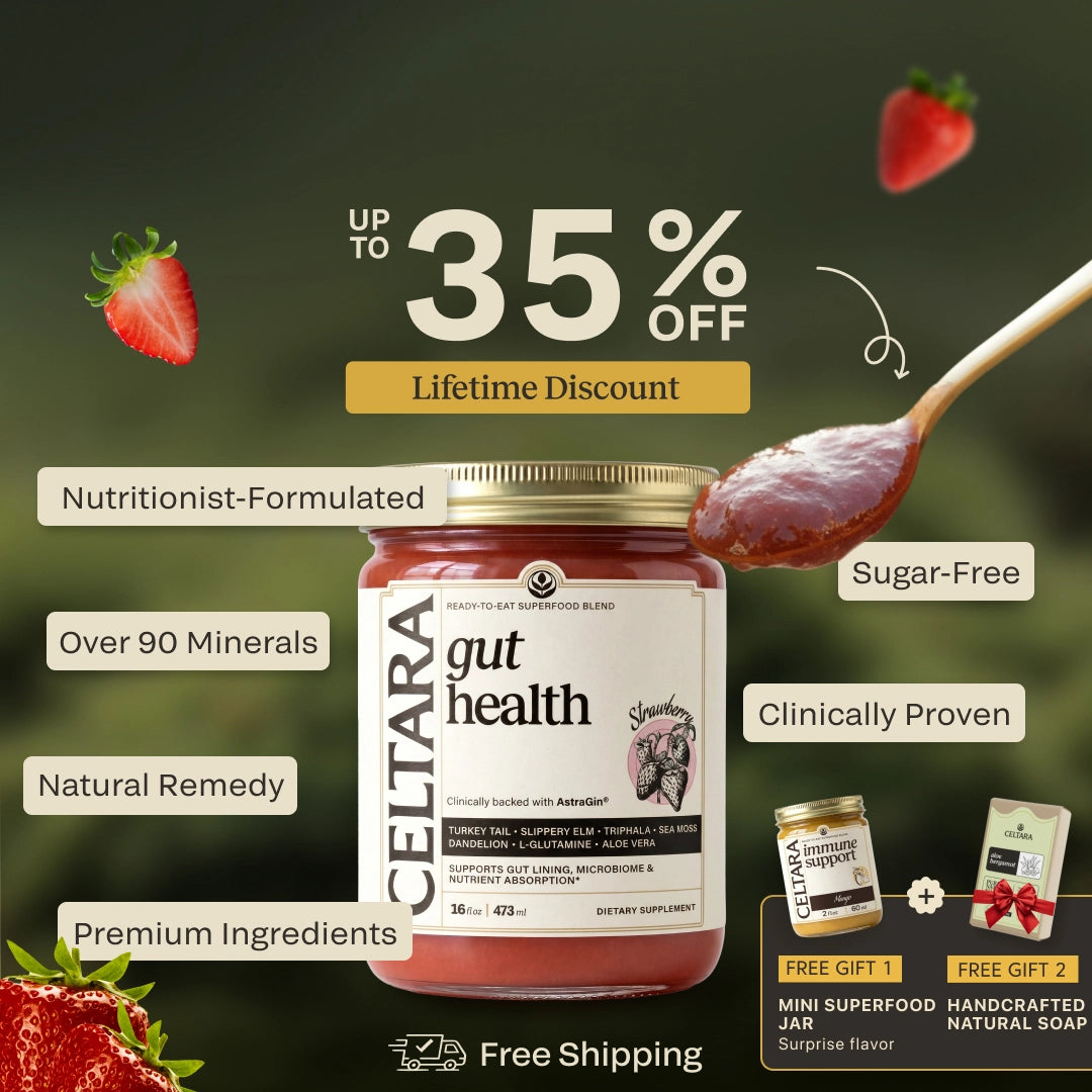 Graphic for CELTARA Gut Health Blend with 35% discount and free gifts