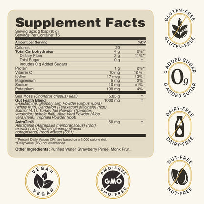 Supplement Facts panel for CELTARA Gut Health Blend with dietary icons