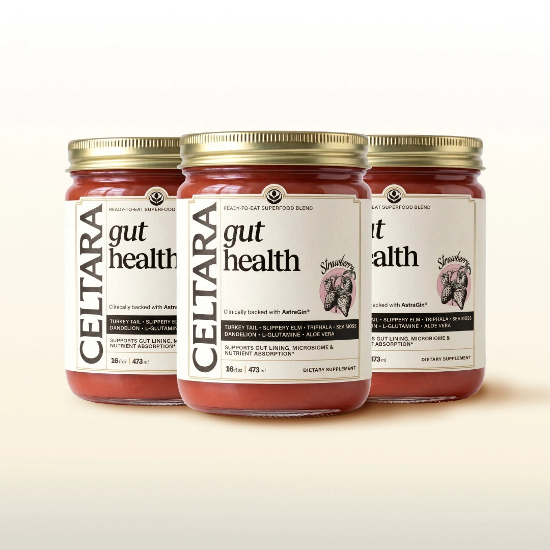 Three jars of CELTARA Gut Health Blend supplement for digestive wellness