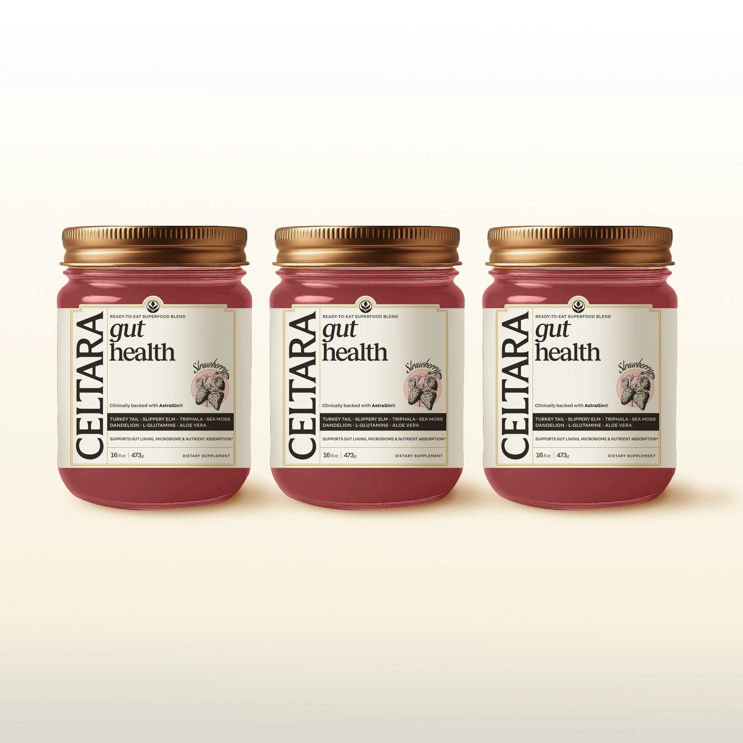 Three jars of CELTARA Gut Health Blend supplement for digestive wellness
