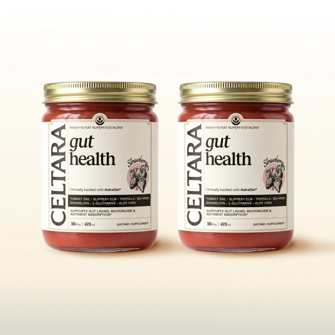 Two jars of CELTARA Gut Health Blend supplement for digestive wellness