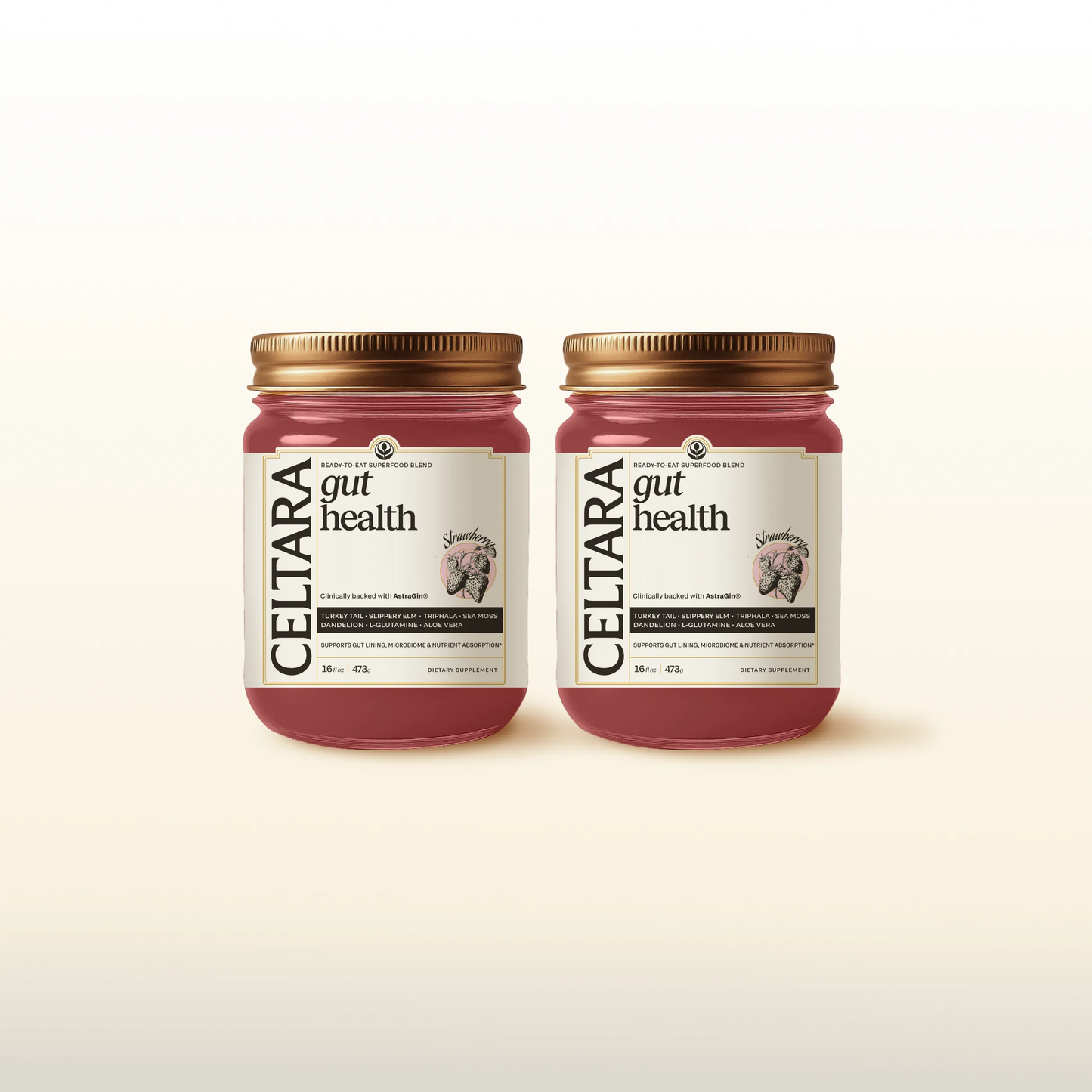 Two jars of CELTARA Gut Health Blend supplement for digestive wellness
