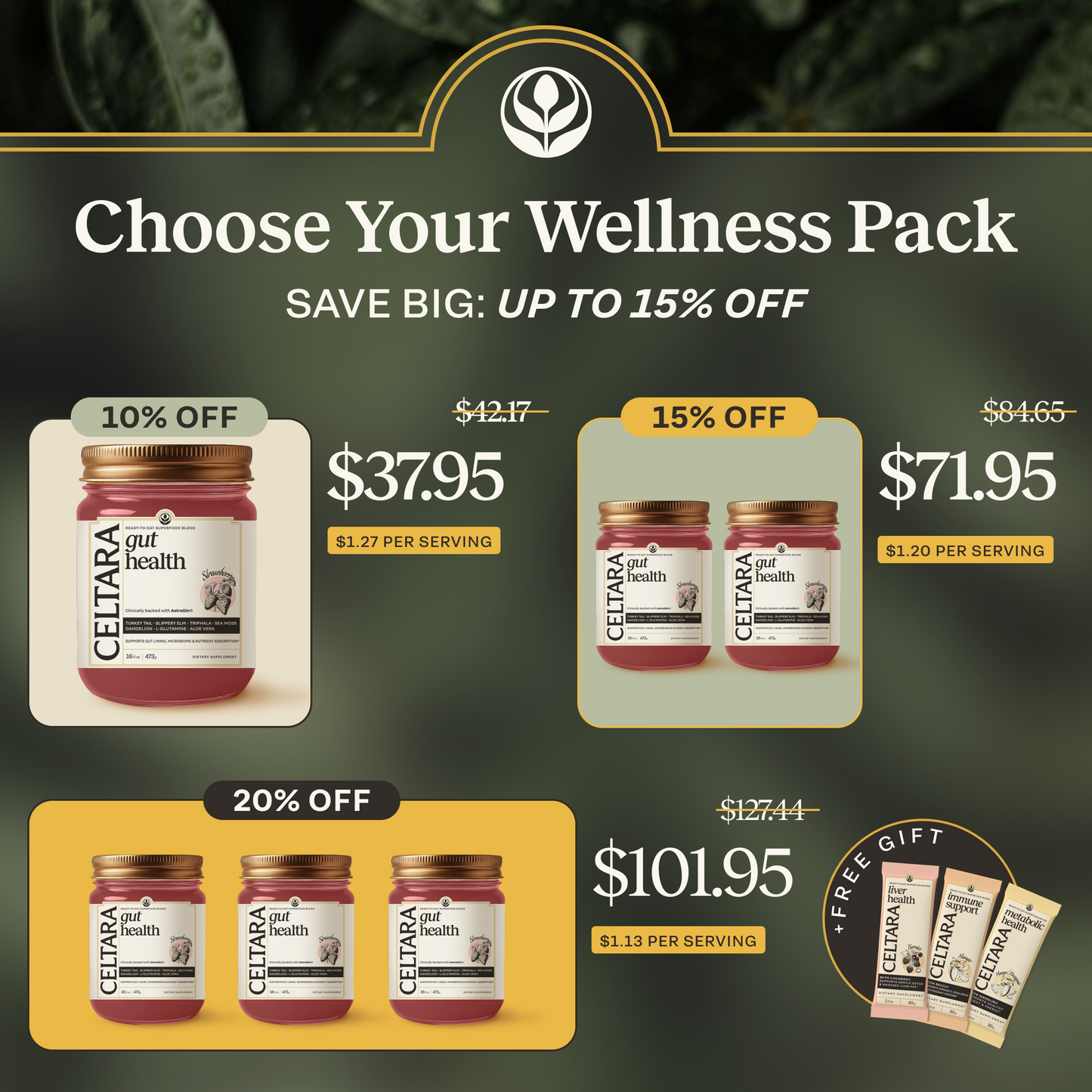 CELTARA Gut Health Blend wellness pack offer with one-, two- and three-jar options