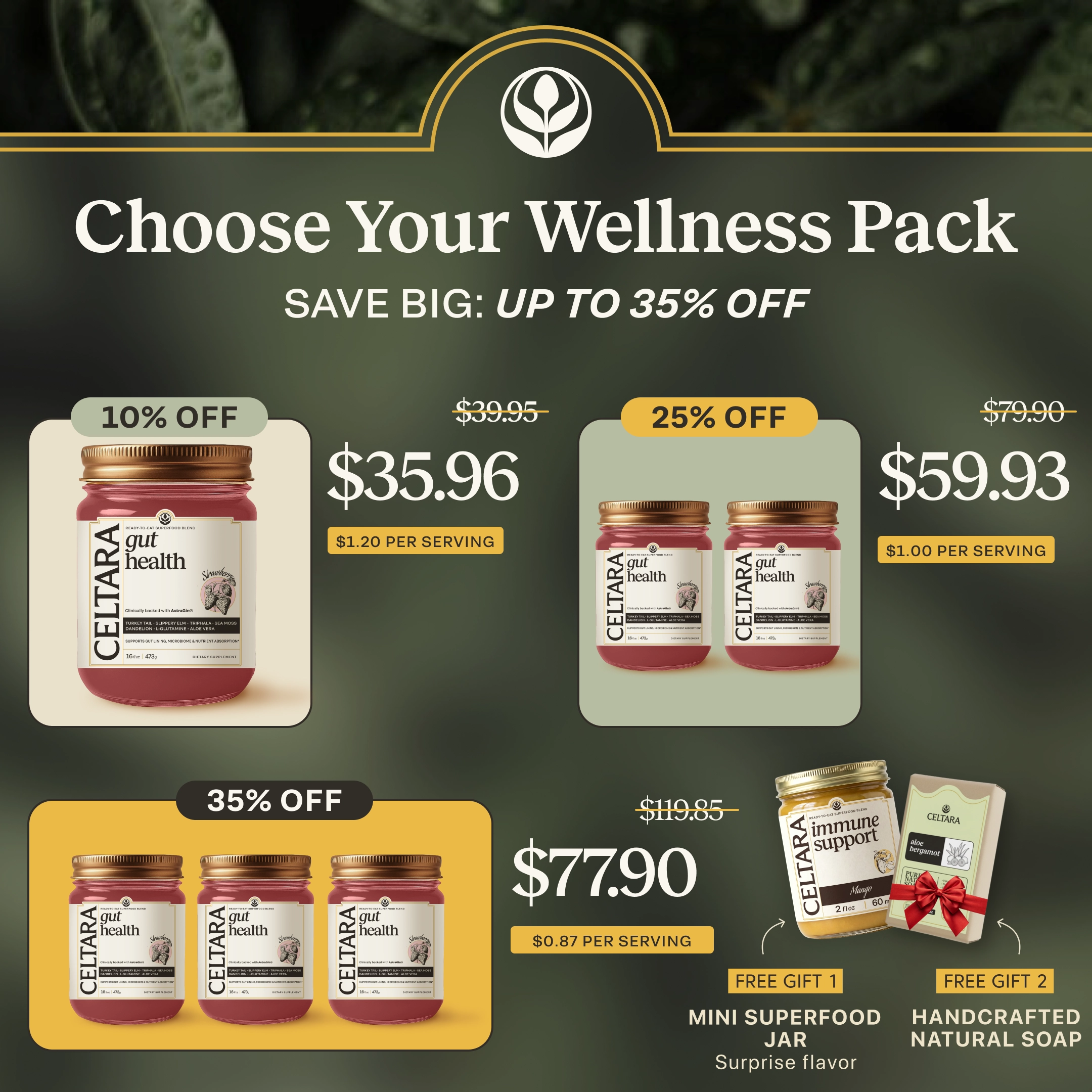 CELTARA Gut Health Blend wellness pack sale with discounted one-, two- and three-jar options
