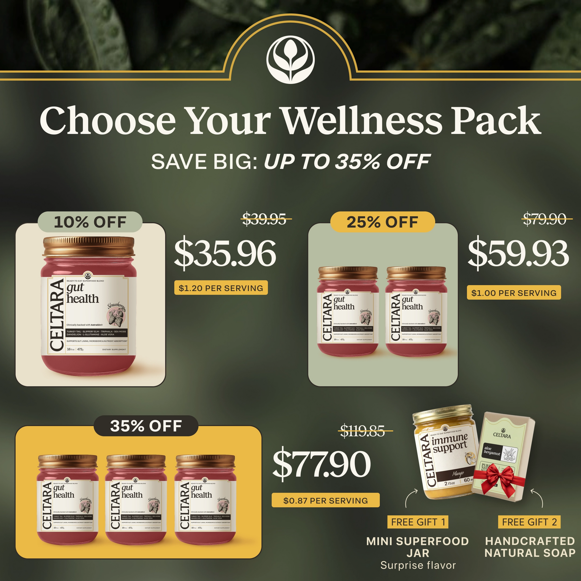 CELTARA Gut Health Blend wellness pack sale with discounted one-, two- and three-jar options