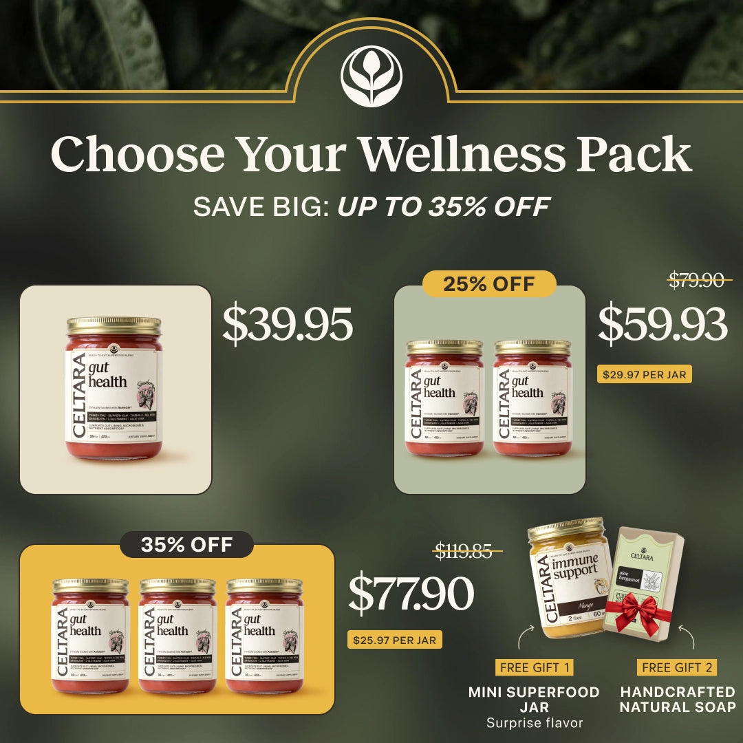 CELTARA Gut Health Blend wellness pack sale with discounted one-, two- and three-jar options