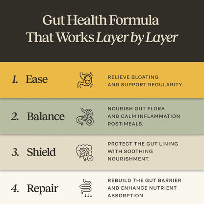 Gut Health Formula graphic showing ease, balance, shield and repair benefits