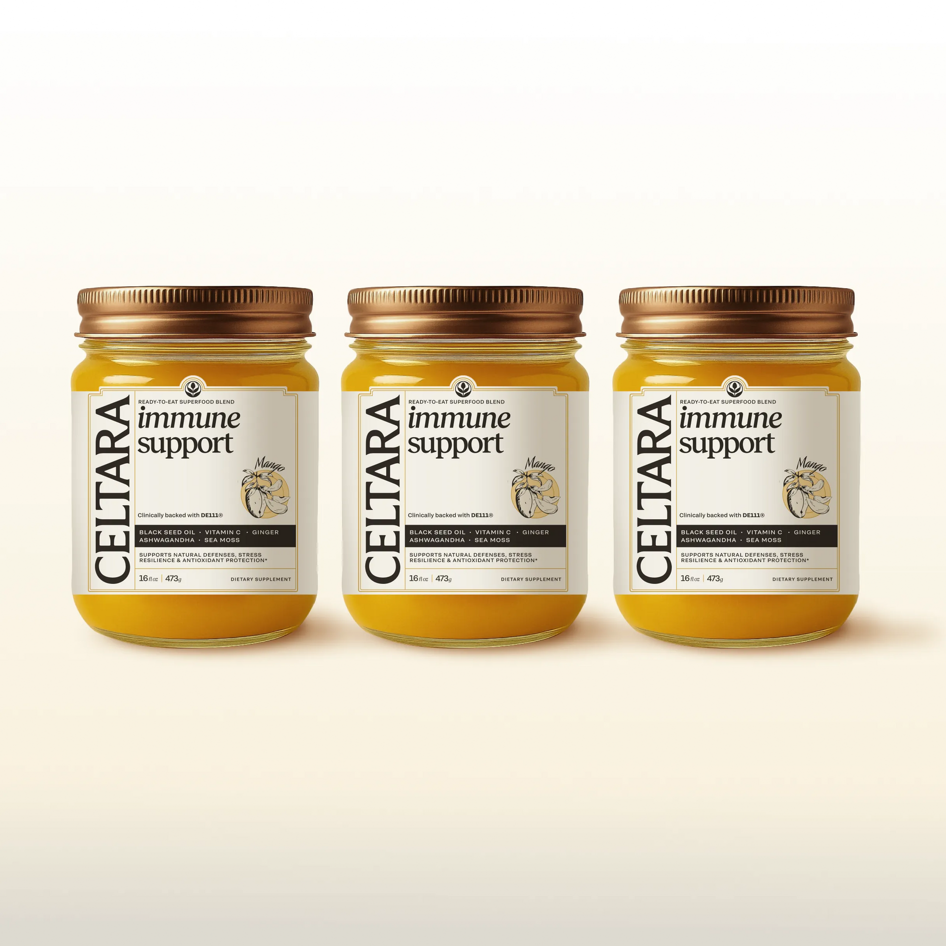 Three jars of CELTARA Immune Support Blend supplement for daily immune support