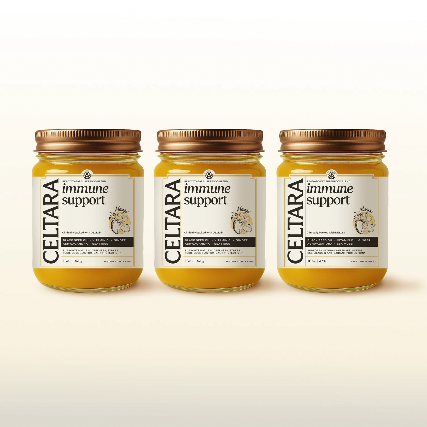 Three jars of CELTARA Immune Support Blend supplement for daily immune support