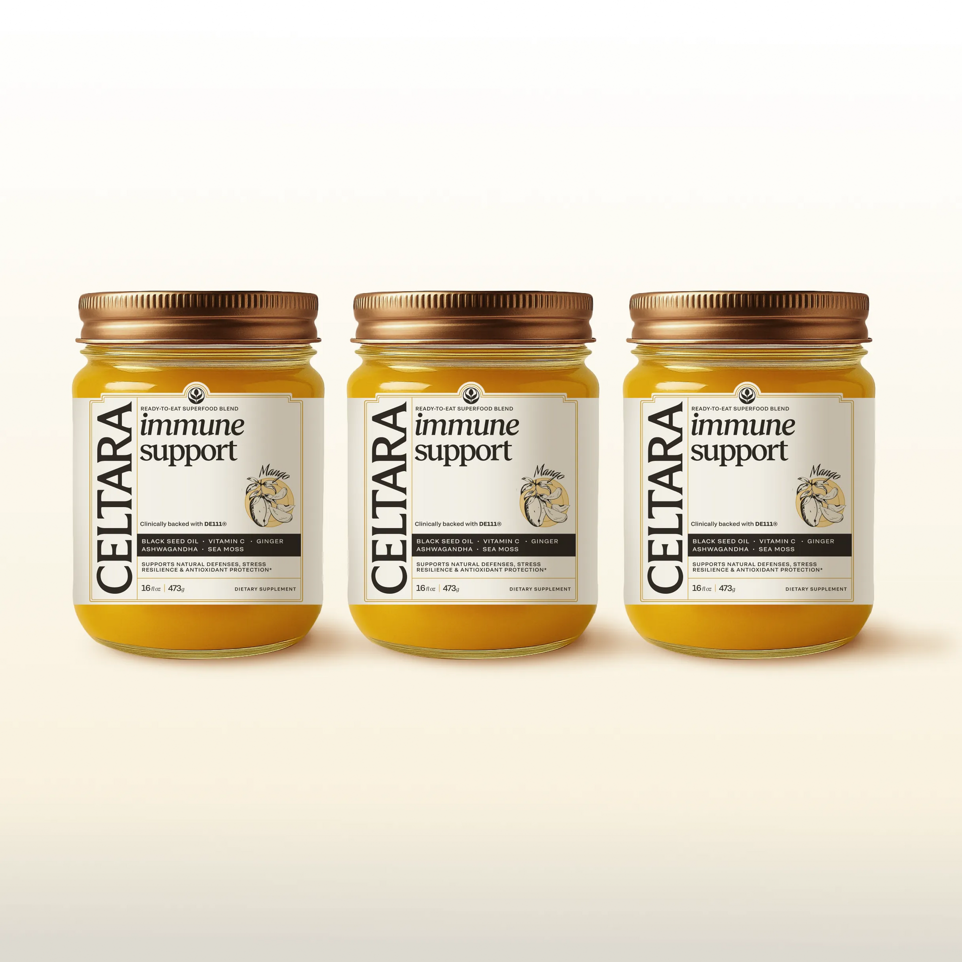 Three jars of CELTARA Immune Support Blend supplement for daily immune support