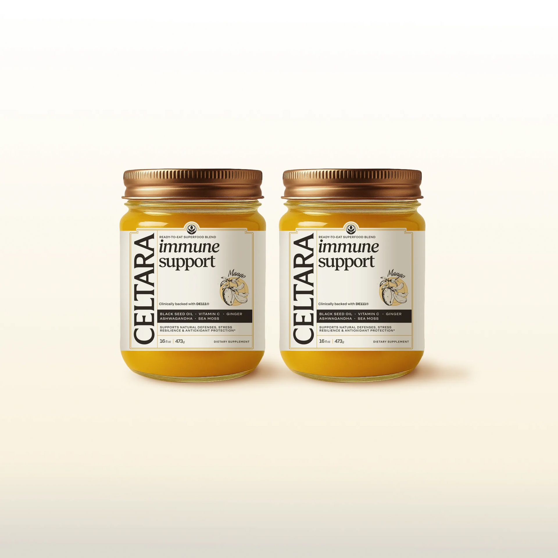 Two jars of CELTARA Immune Support Blend supplement for daily immune support