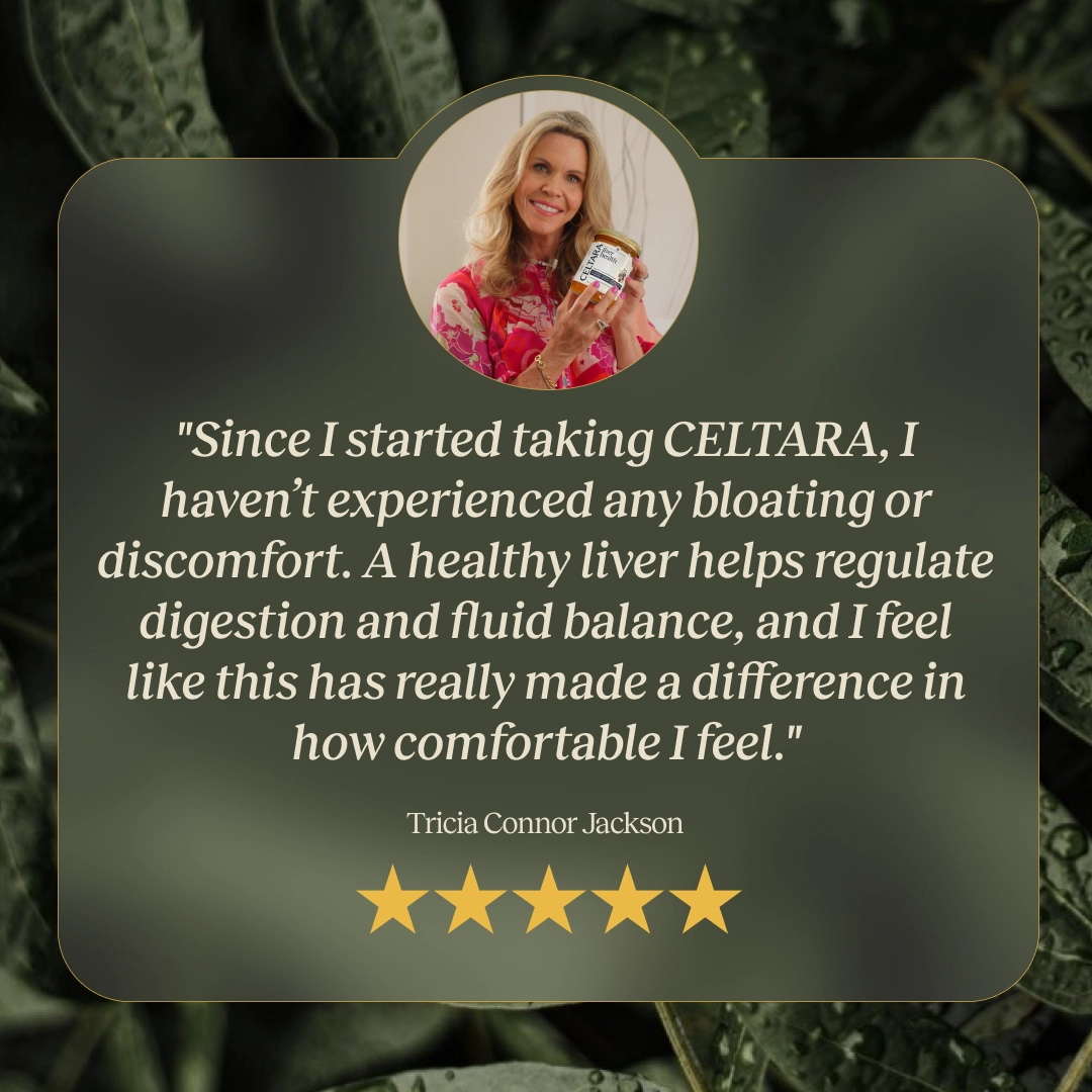 Five-star customer review graphic about CELTARA Liver Health Blend and daily comfort