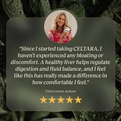 Five-star customer review graphic about CELTARA Liver Health Blend and daily comfort