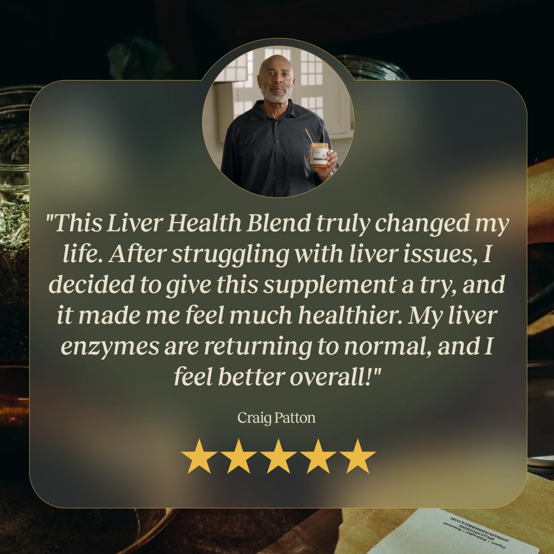 Customer testimonial graphic for CELTARA Liver Health Blend and liver support