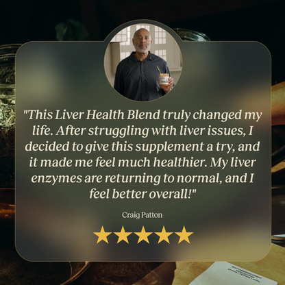 Customer testimonial graphic for CELTARA Liver Health Blend and liver support