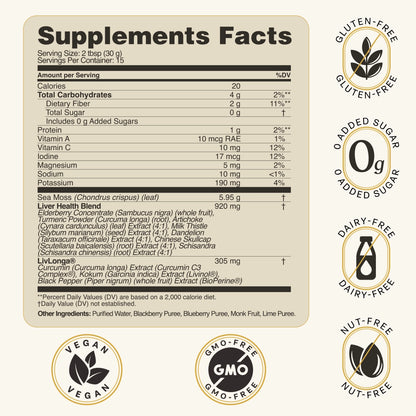 Supplement Facts panel for CELTARA Liver Health Blend with dietary icons