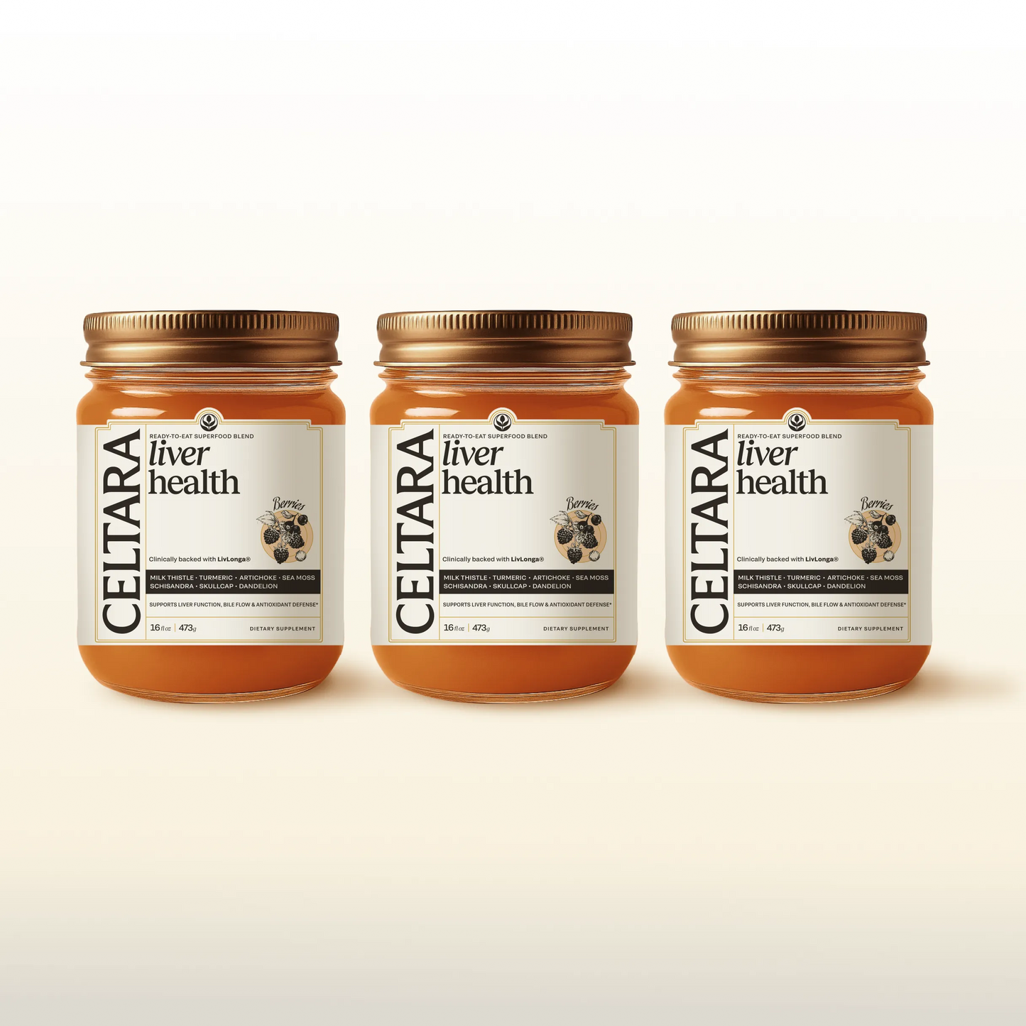 Three jars of CELTARA Liver Health Blend supplement for liver wellness
