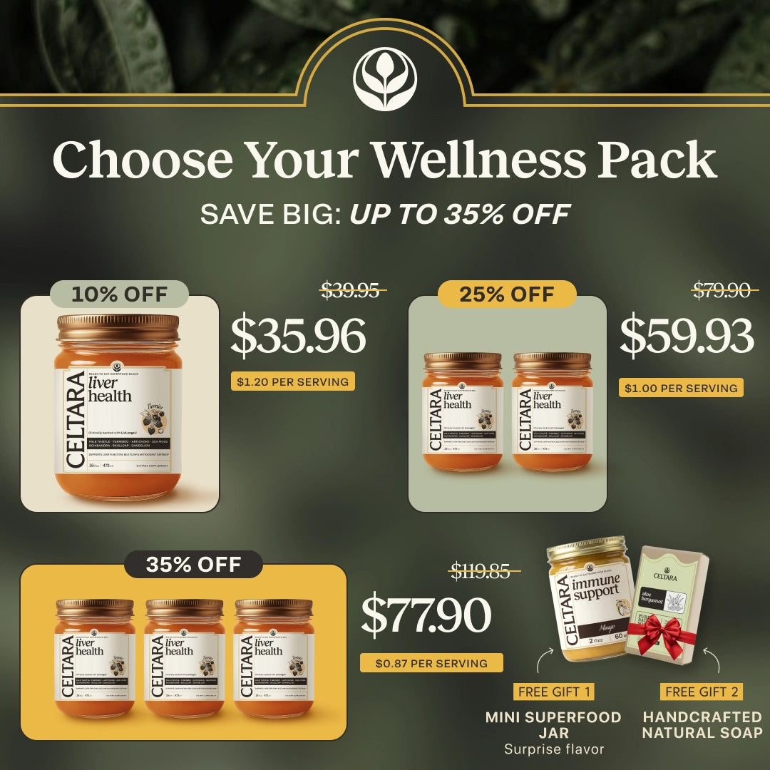 CELTARA Liver Health Blend wellness pack sale with discounted one-, two- and three-jar options