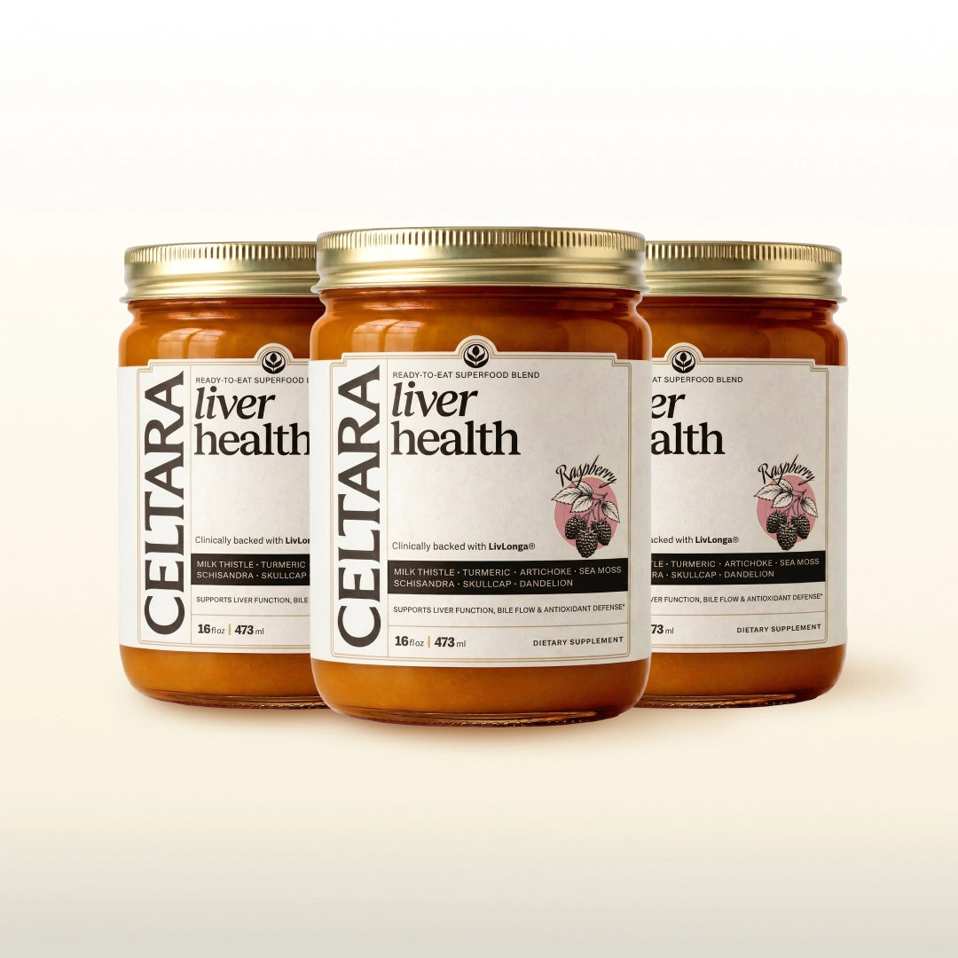 Three jars of CELTARA Liver Health Blend supplement for digestive wellness