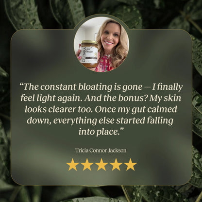 Five-star customer review graphic about CELTARA Mango & Pineapple Gut Health Blend and bloating