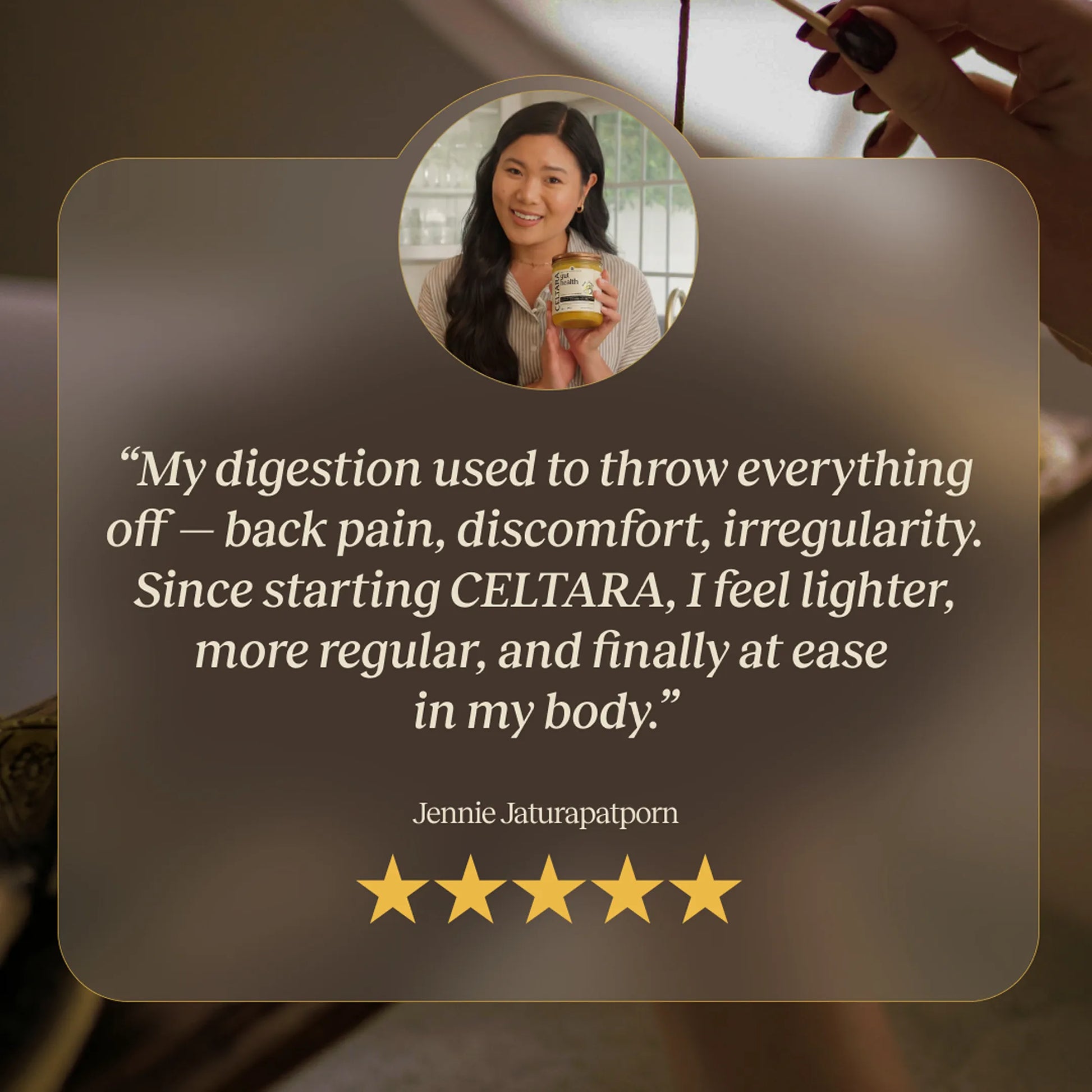 Customer review graphic for CELTARA Mango & Pineapple Gut Health Blend with five-star rating
