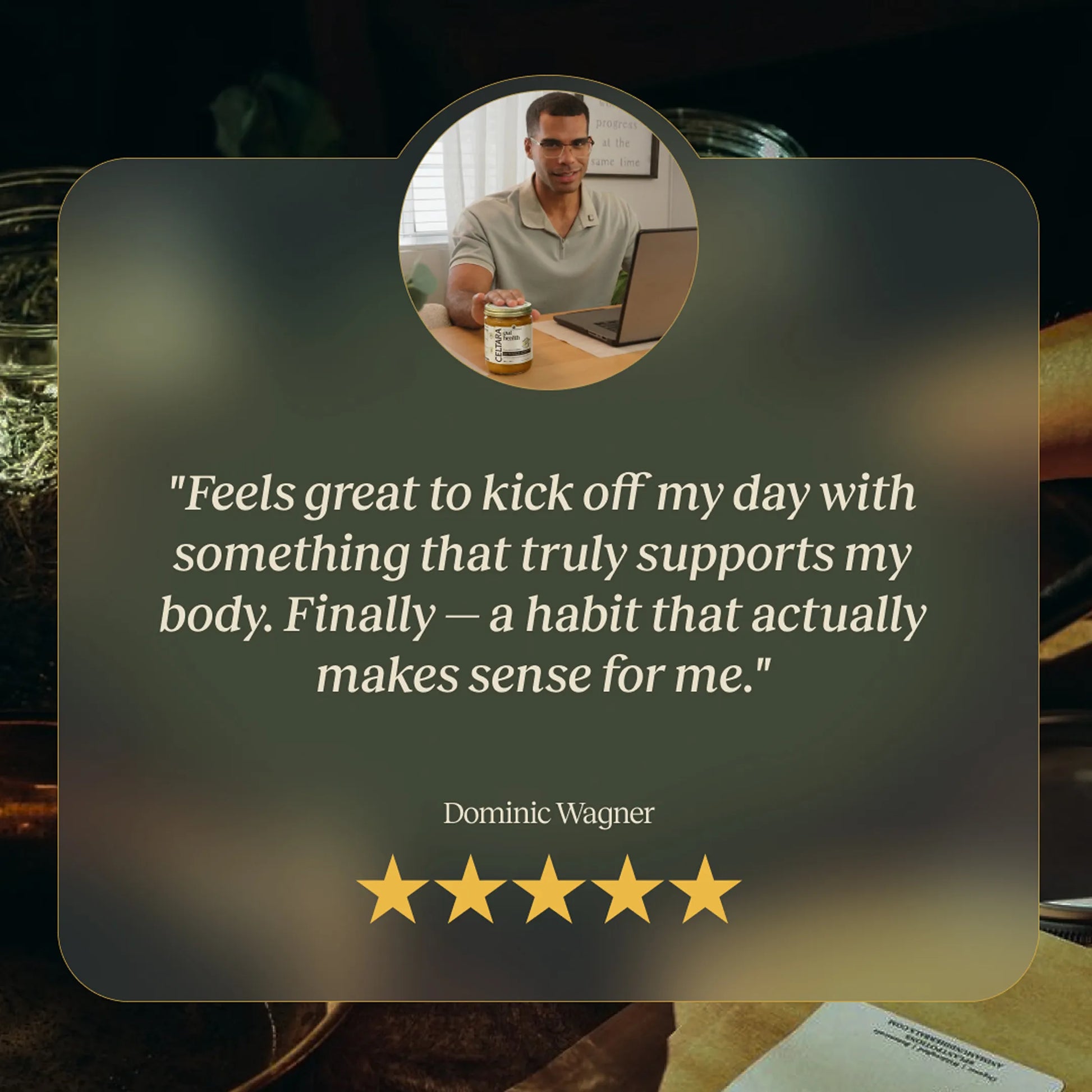 Customer testimonial graphic for CELTARA Mango & Pineapple Gut Health Blend daily wellness support