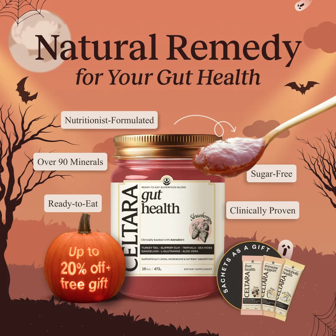 Halloween promo graphic for CELTARA Mango & Pineapple Gut Health Blend with discount and free gift