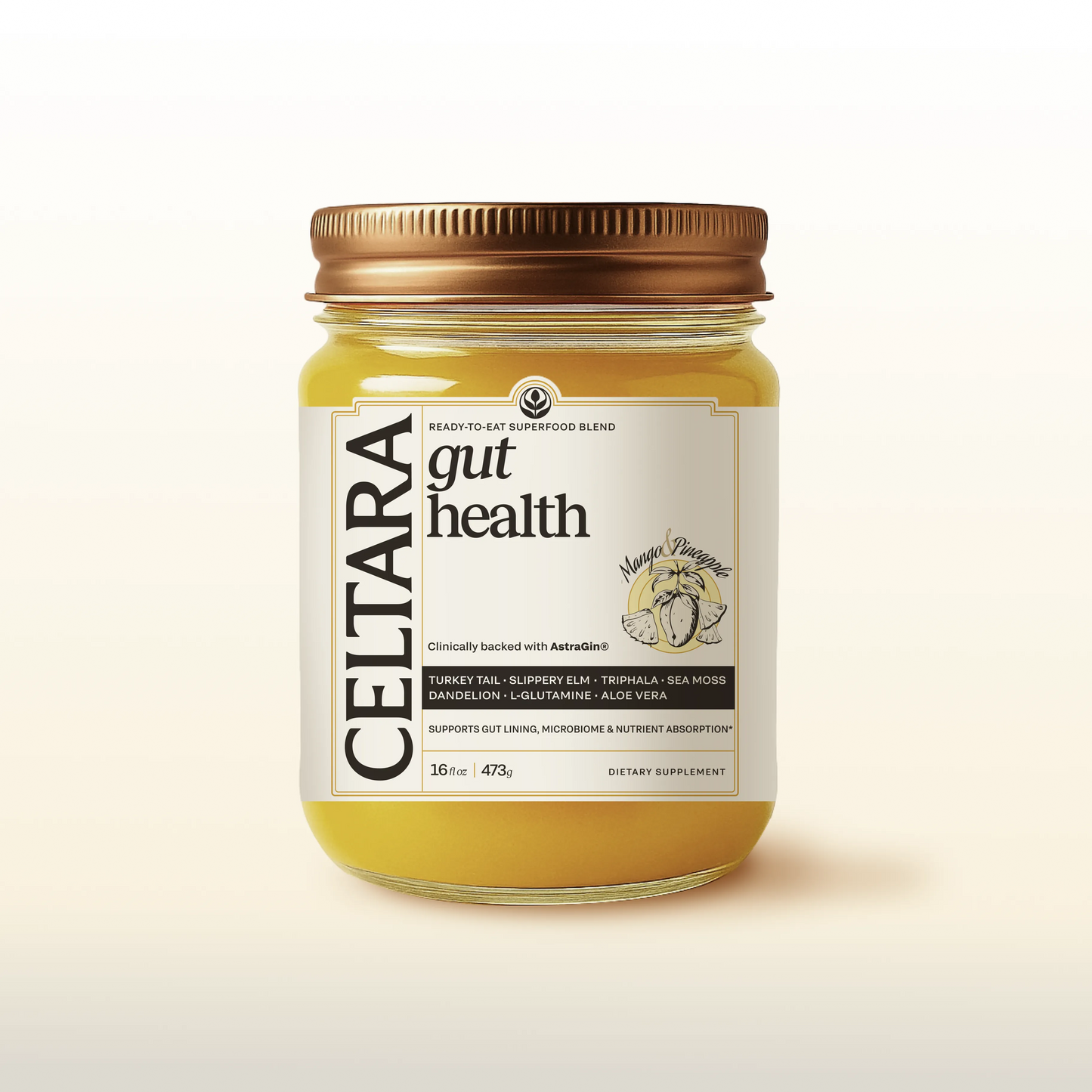 CELTARA Mango & Pineapple Gut Health Blend supplement jar front view