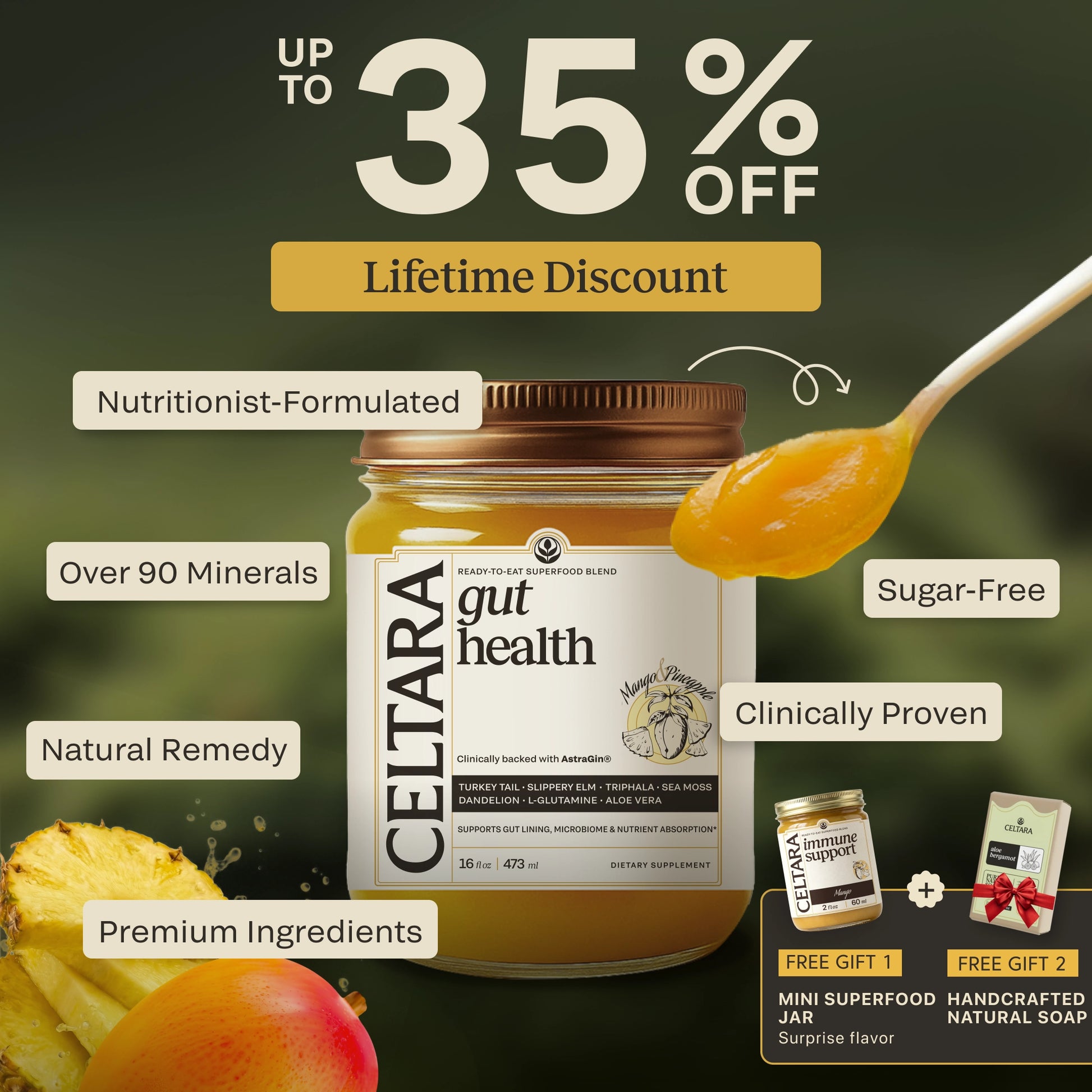 Graphic for CELTARA Mango & Pineapple Gut Health Blend with 35% discount