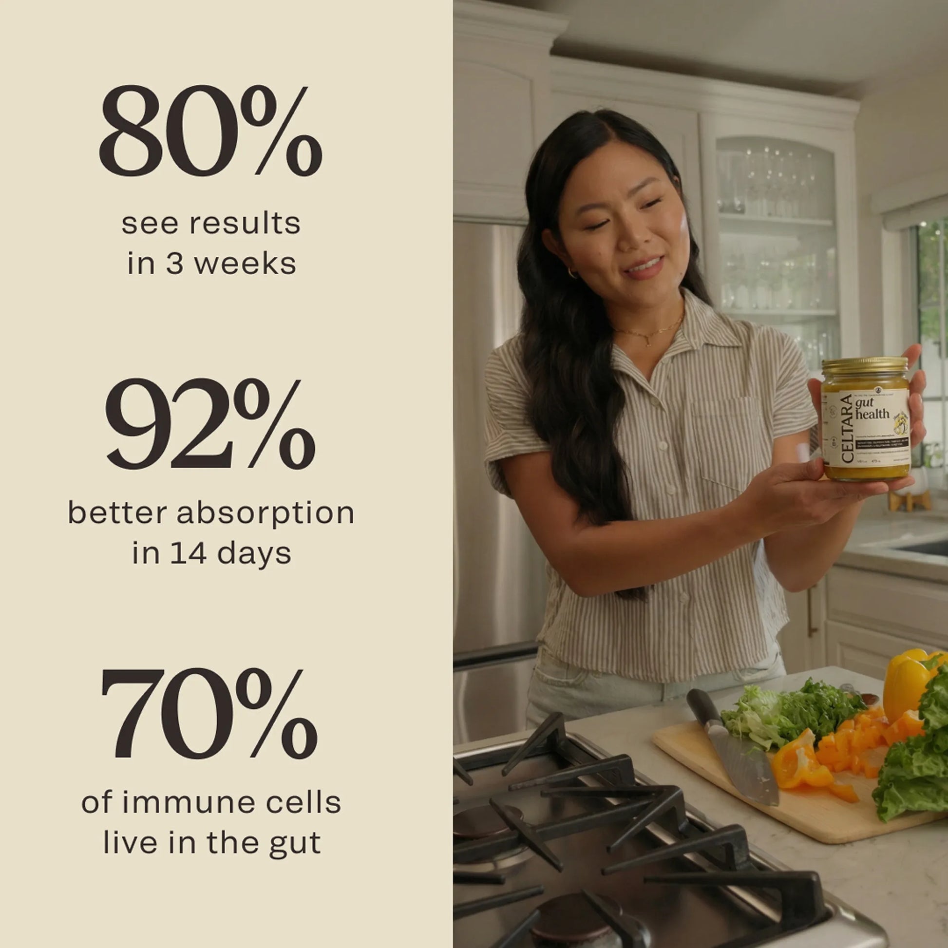 Woman holding CELTARA Mango & Pineapple Gut Health Blend jar with digestive wellness statistics