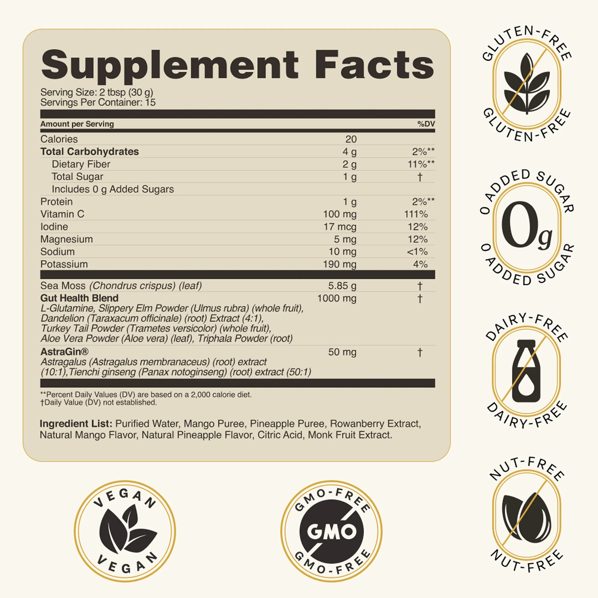 Supplement Facts panel for CELTARA Mango & Pineapple Gut Health Blend with dietary icons