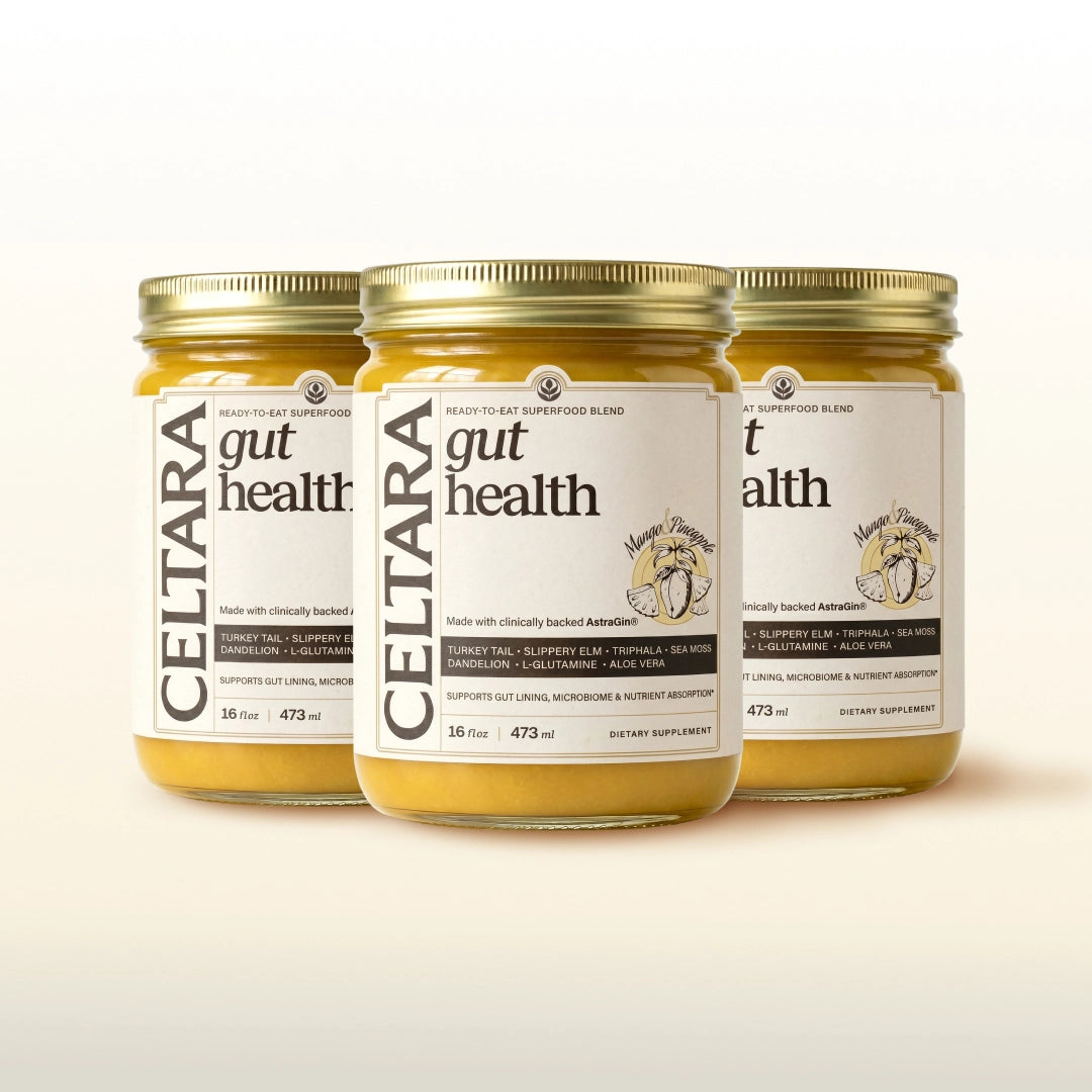 Three jars of CELTARA Mango & Pineapple Gut Health Blend supplement