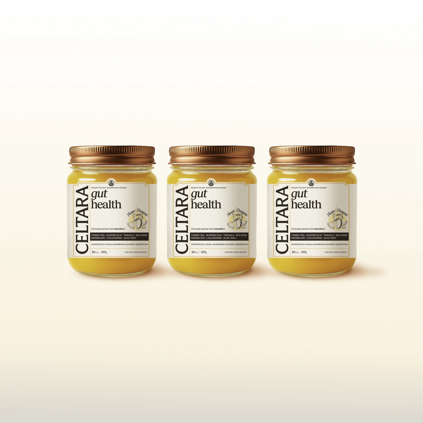 Three jars of CELTARA Mango & Pineapple Gut Health Blend supplement