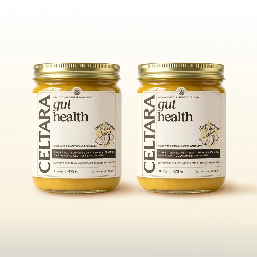 Two jars of CELTARA Mango & Pineapple Gut Health Blend supplement