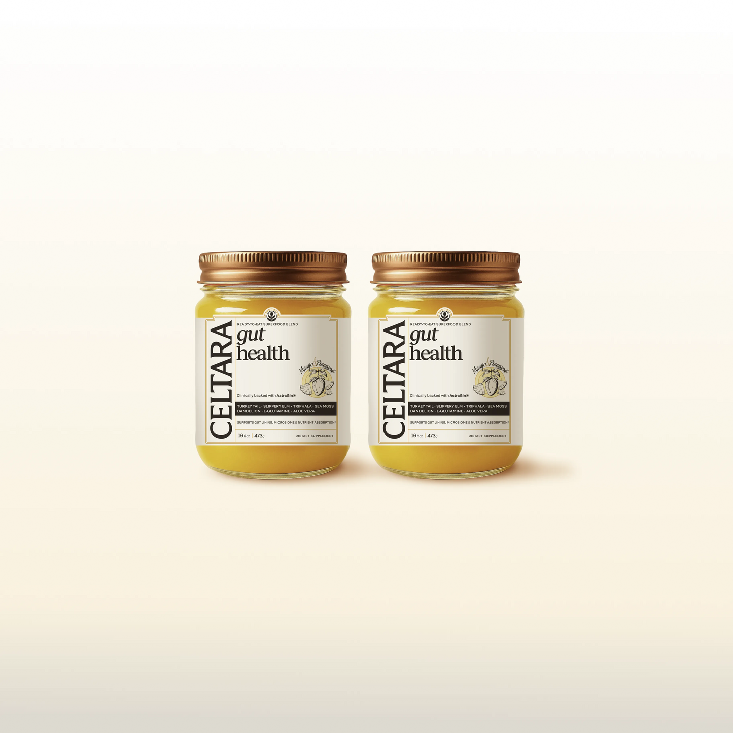 Two jars of CELTARA Mango & Pineapple Gut Health Blend supplement
