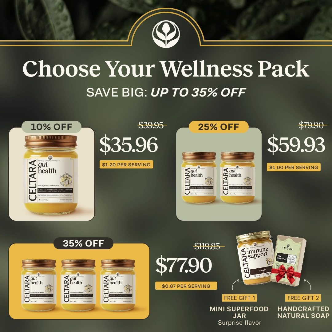 CELTARA Mango & Pineapple Gut Health Blend wellness pack pricing graphic with one-, two- and three-jar options