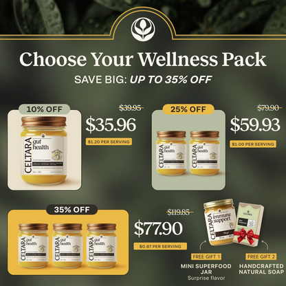 CELTARA Mango & Pineapple Gut Health Blend wellness pack pricing graphic with one-, two- and three-jar options