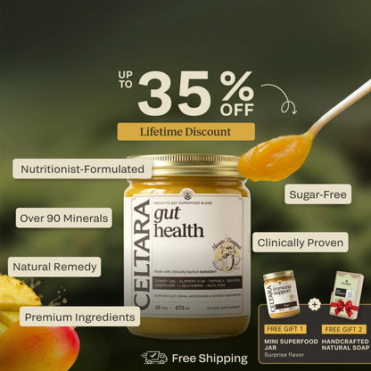 Graphic for CELTARA Mango & Pineapple Gut Health Blend with 35% discount