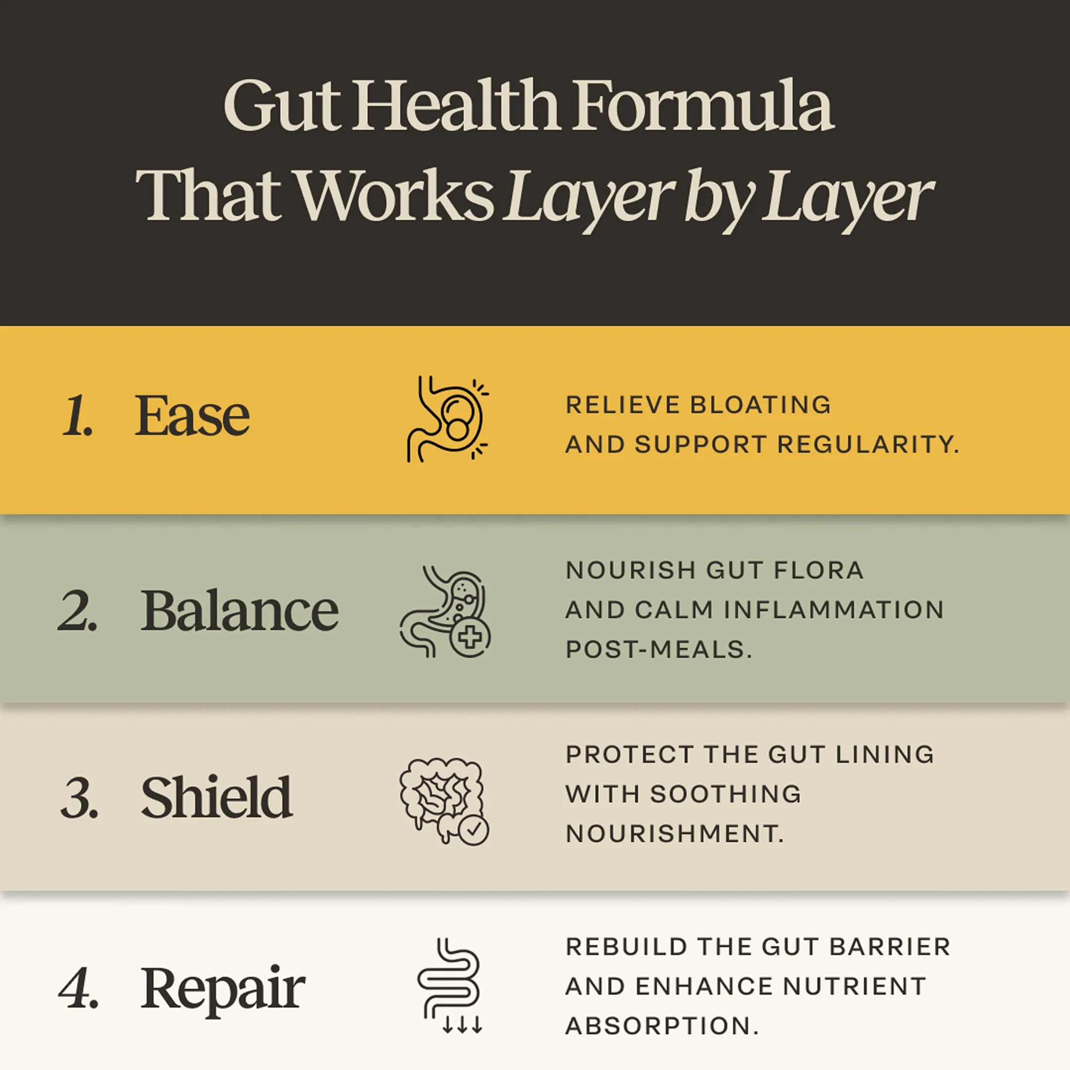 Gut Health Formula graphic showing ease, balance, shield and repair benefits