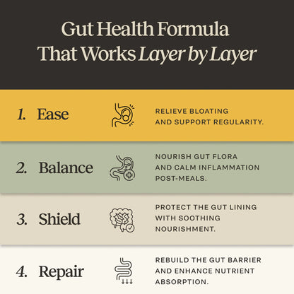 Gut Health Formula graphic showing ease, balance, shield and repair benefits