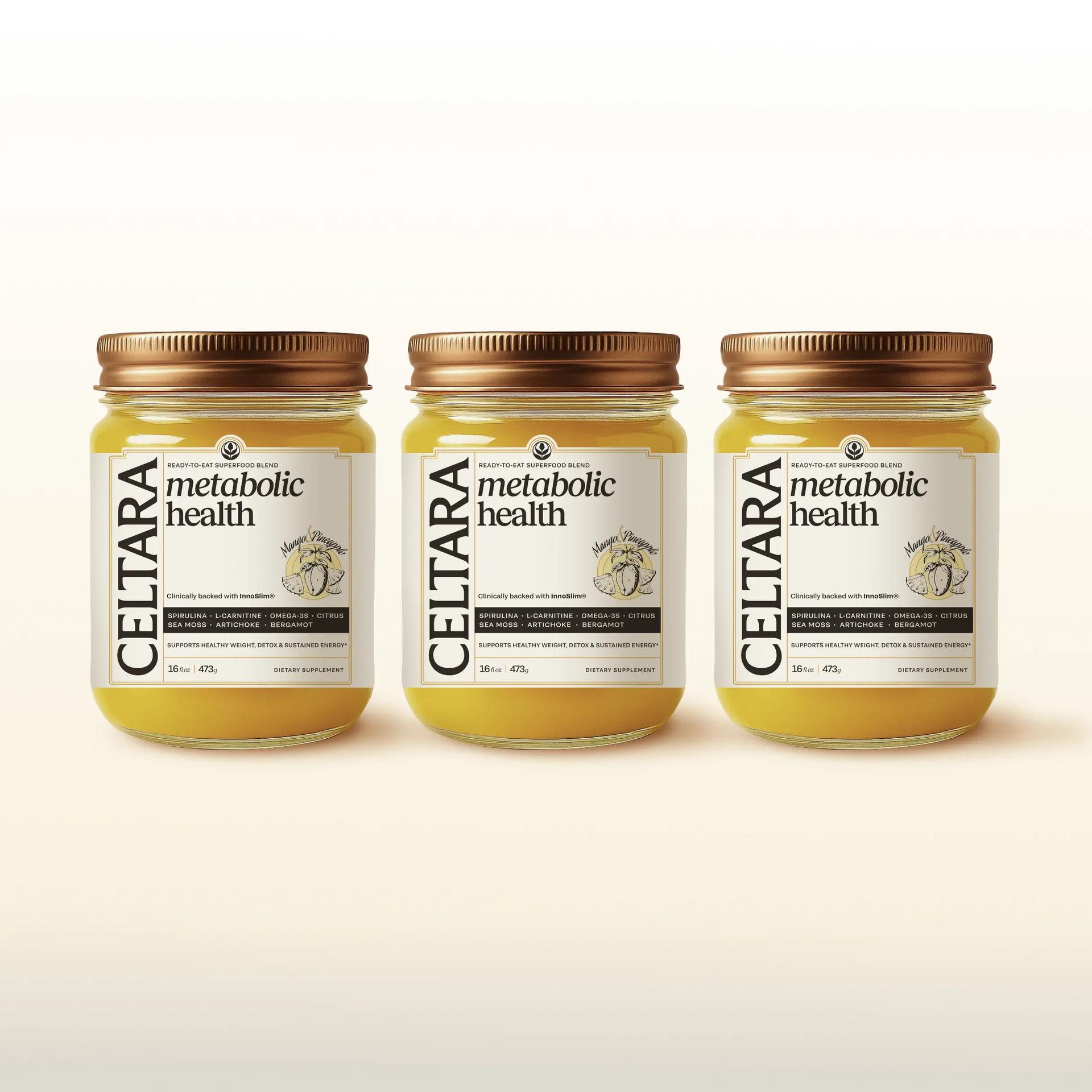 Three jars of CELTARA Metabolic Health Blend supplement for metabolism support